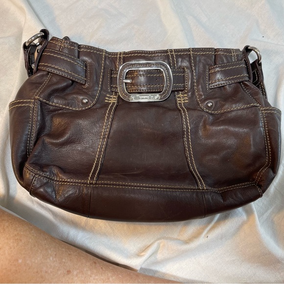 Tignanello Dk Brown Leather Shoulder Bag With Buckle Detail Roomy Lots of Pocket - Picture 1 of 14